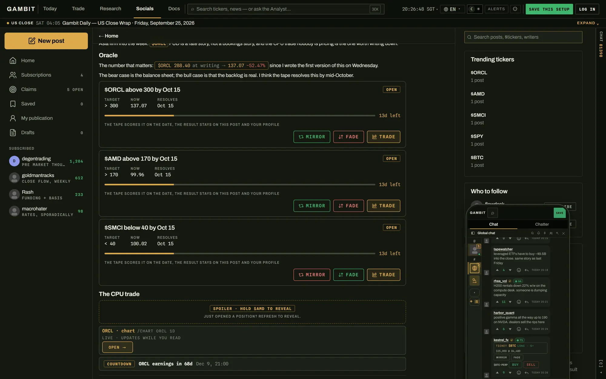 A Chatter post with three trade claims, each with Mirror, Fade and Trade, with the phone chat inset.