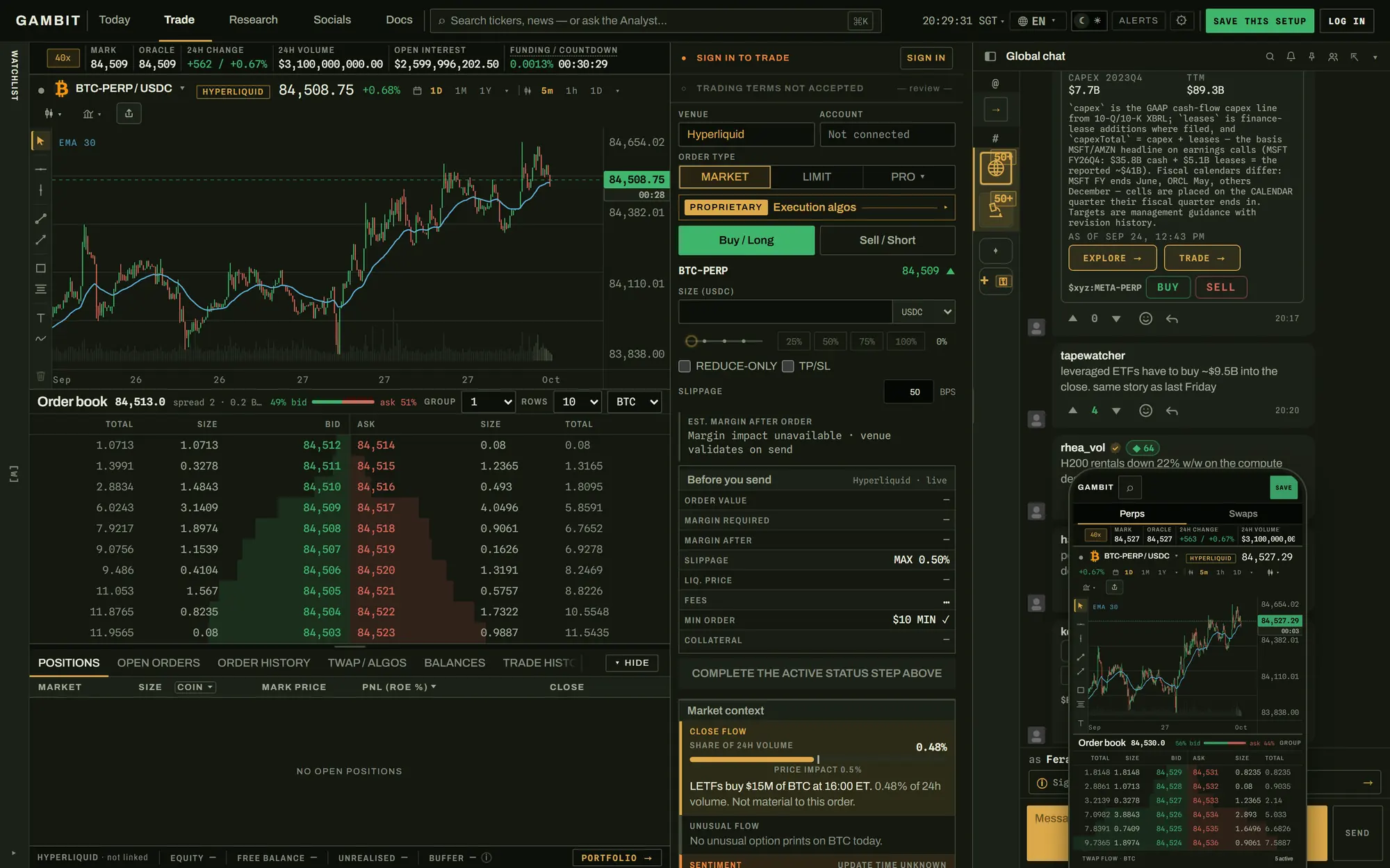 The Trade page on BTC-PERP: chart, order book, order ticket and chat, with the phone app inset.