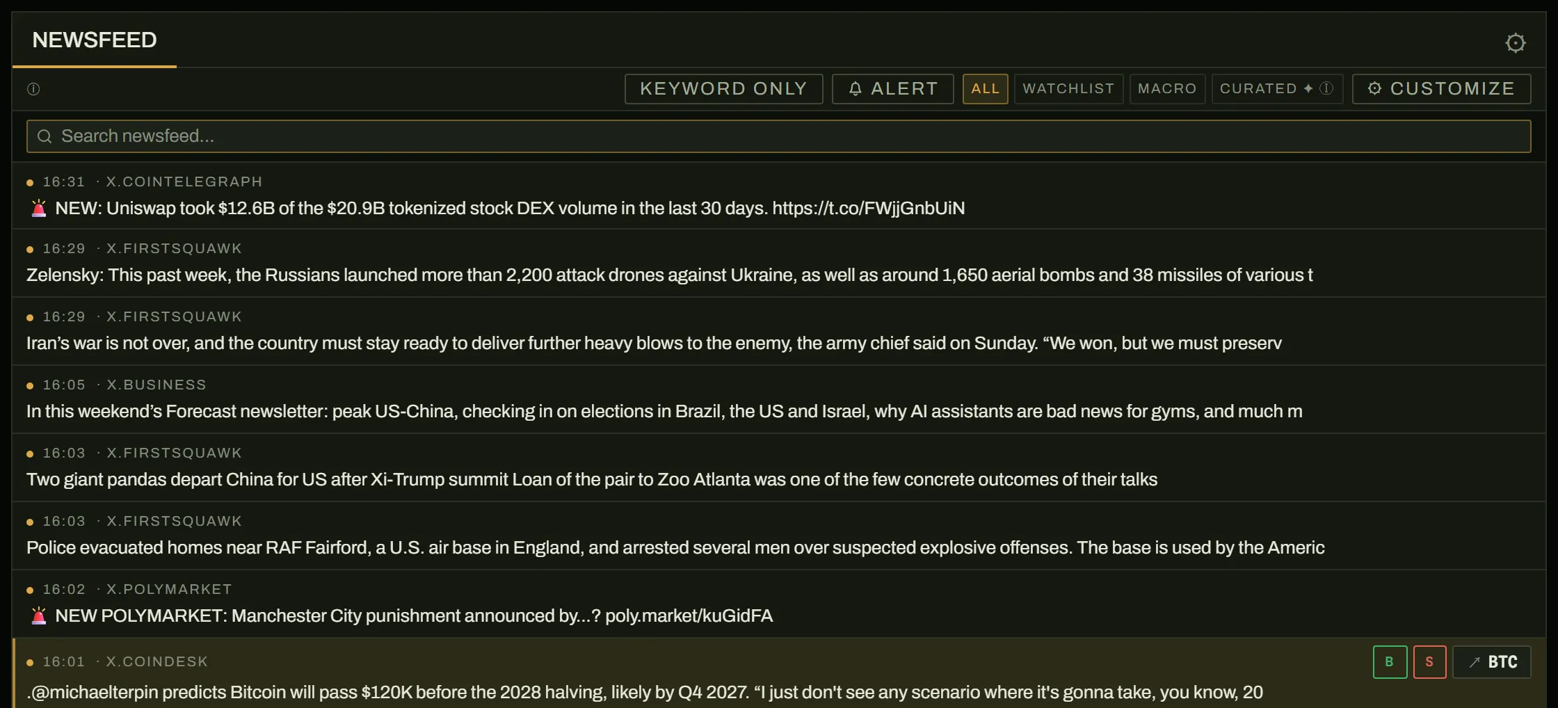 The Newsfeed: timestamped headlines graded by urgency, with filter chips.